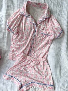 Monkey Pink Patterned Short Pajama Set with Blue Polyester